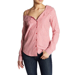 Socialite Split Neck Long Sleeve Blouse Red/White Size S